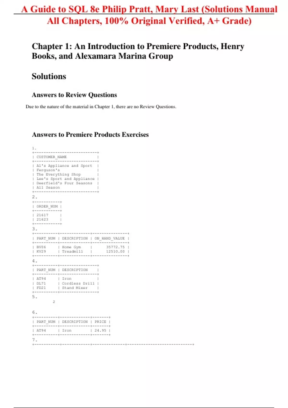 Solutions Manual for A Guide to SQL 8th Edition By Philip Pratt, Mary ...