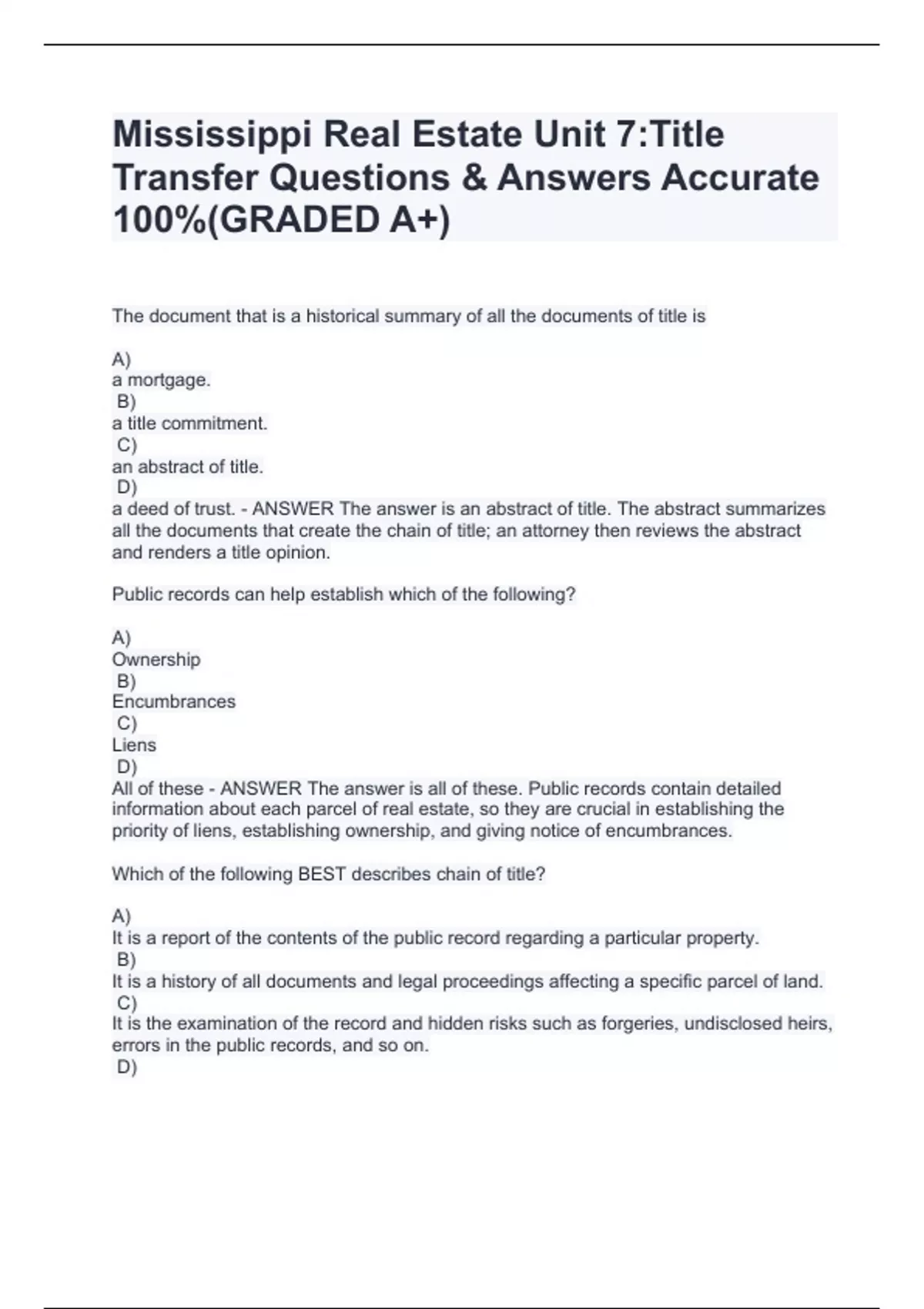 Mississippi Real Estate Unit 7Title Transfer Questions & Answers