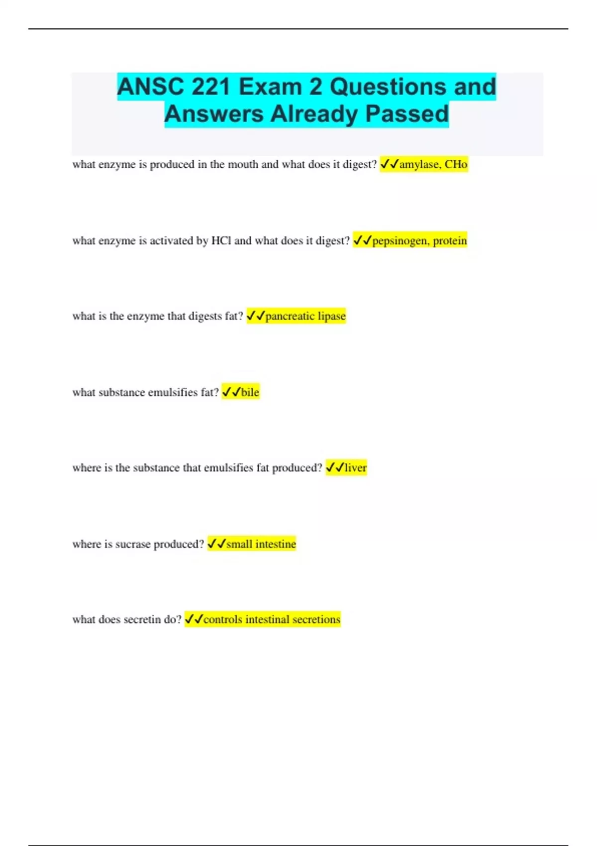 ANSC 221 Exam 2 Questions and Answers Already Passed - ANSC 221 - Stuvia US