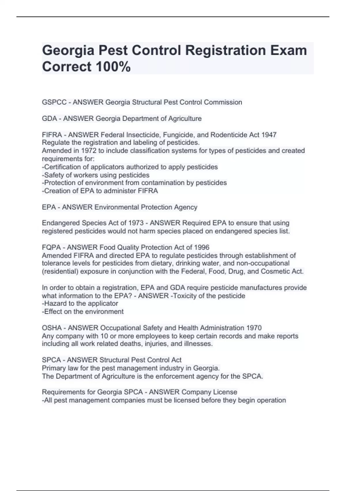 Pest Control Registration Exam Correct 100 Pest