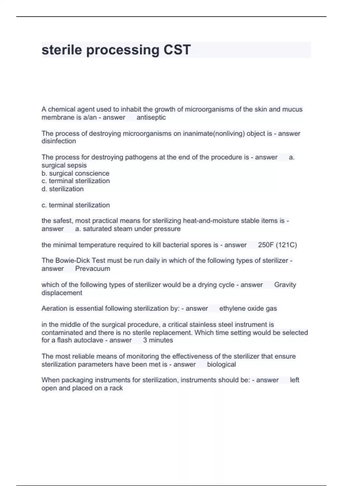 sterile processing CST Questions and Answers 100 correct 2024