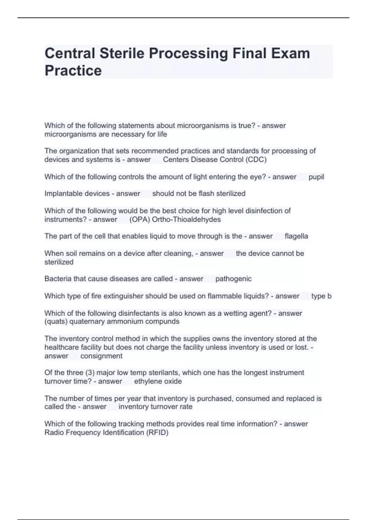 Central Sterile Processing Final Exam Practice Questions with correct Answers 2024 Sterile