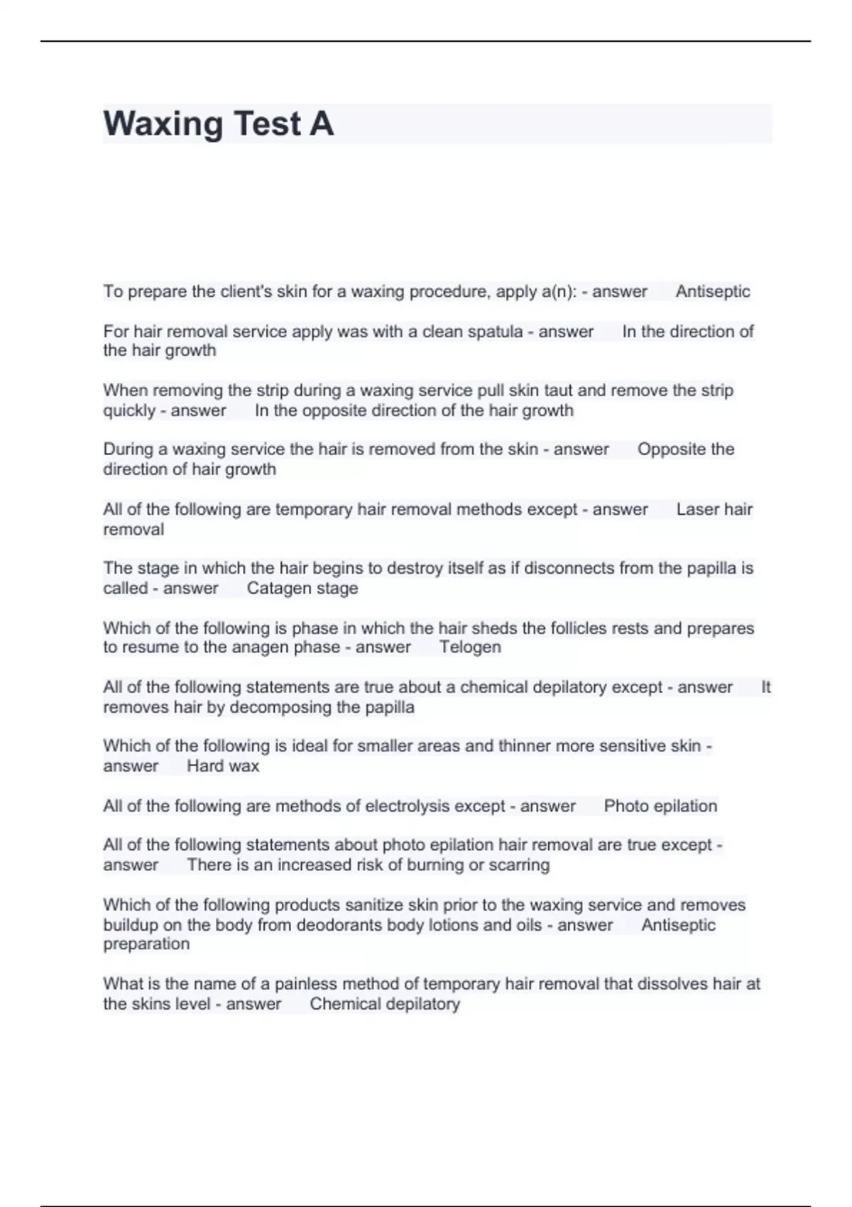 Waxing Test A Questions and Answers 2024 Waxing Stuvia US