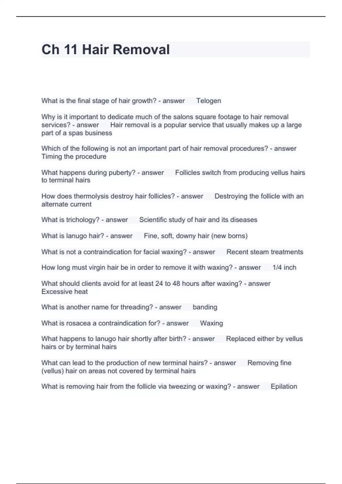 Ch 11 Hair Removal Questions and Answers 2024 Waxing Stuvia US