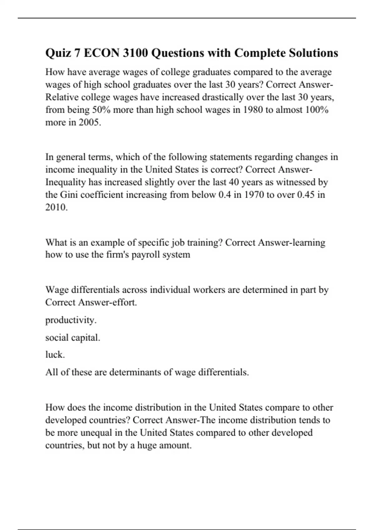 Quiz 7 ECON 3100 Questions with Complete Solutions - ECON 3100 - Stuvia US