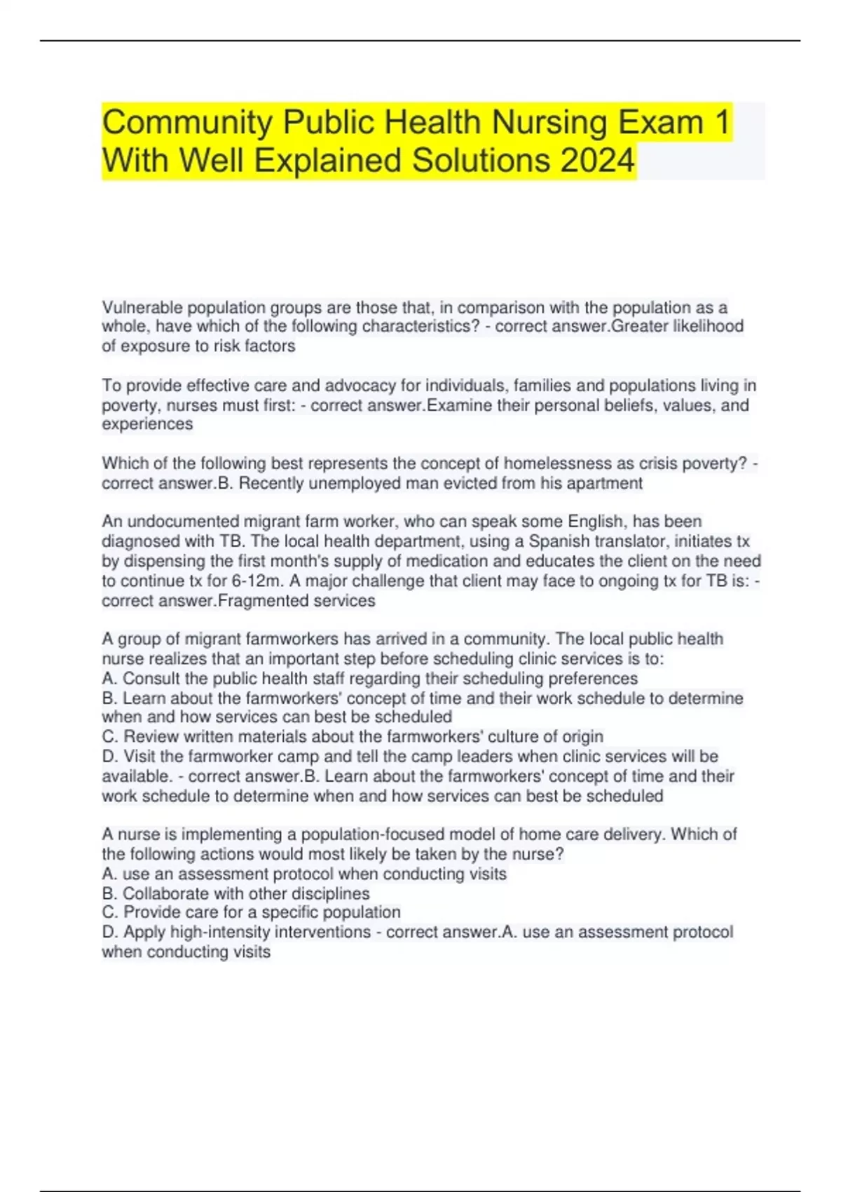 Community Public Health Nursing Exam 1 With Well Explained Solutions ...