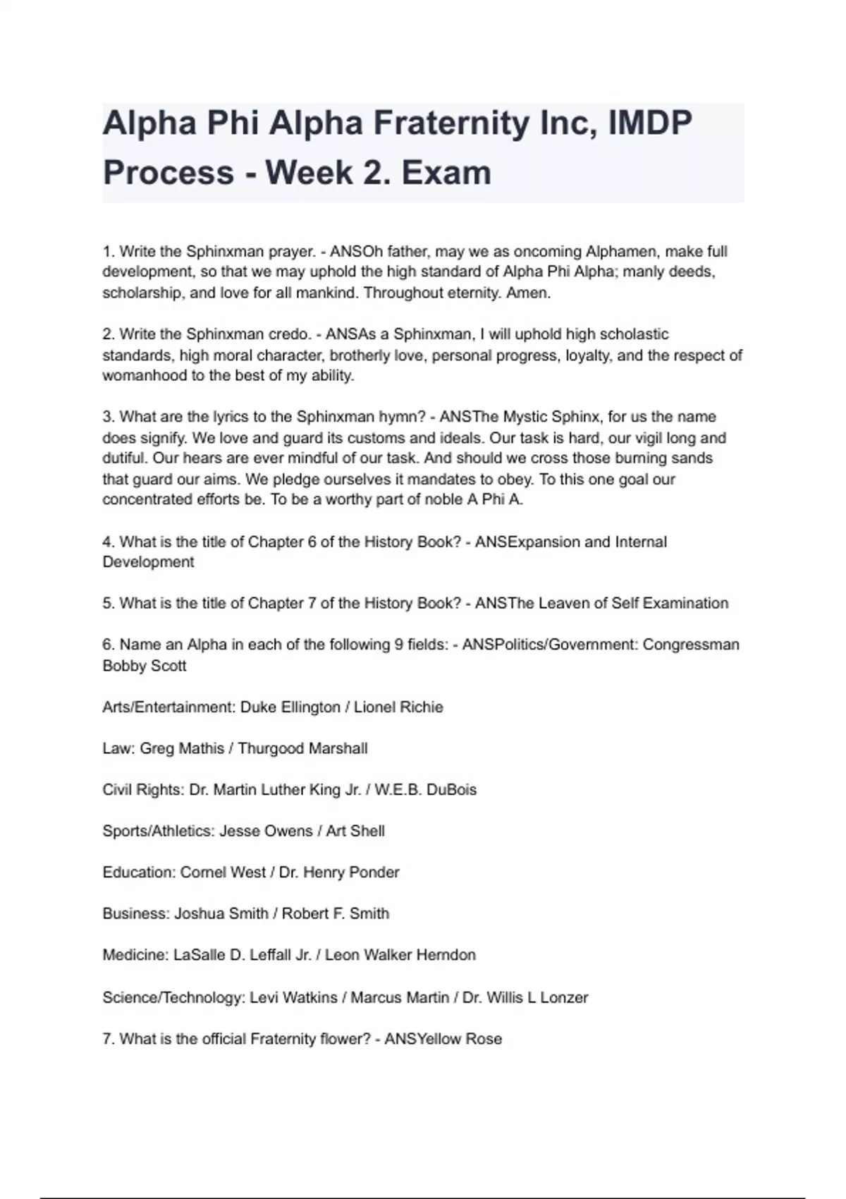 Alpha Phi Alpha Fraternity Inc, IMDP Process - Week 2. Exam questions ...