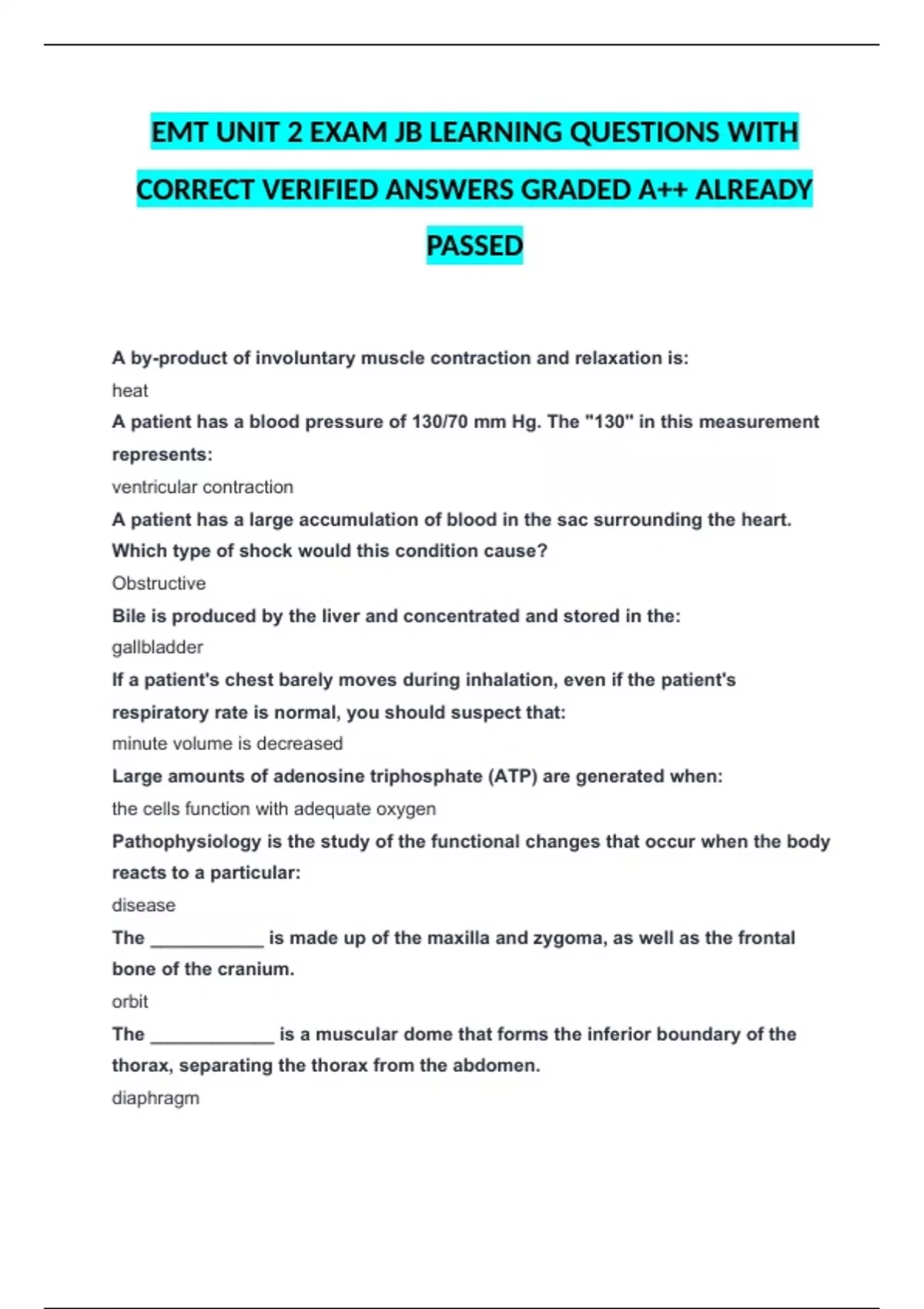 EMT UNIT 2 EXAM JB LEARNING QUESTIONS WITH CORRECT VERIFIED ANSWERS