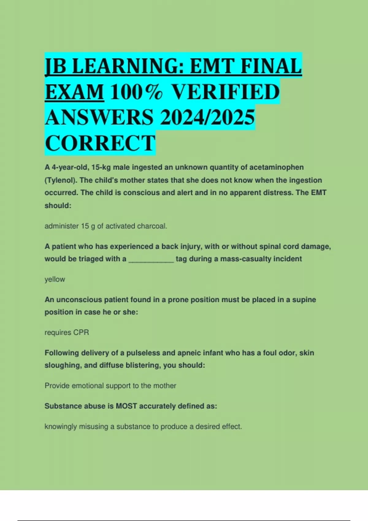 BEST REVIEW JB LEARNING EMT FINAL EXAM 100 VERIFIED ANSWERS 2024/2025