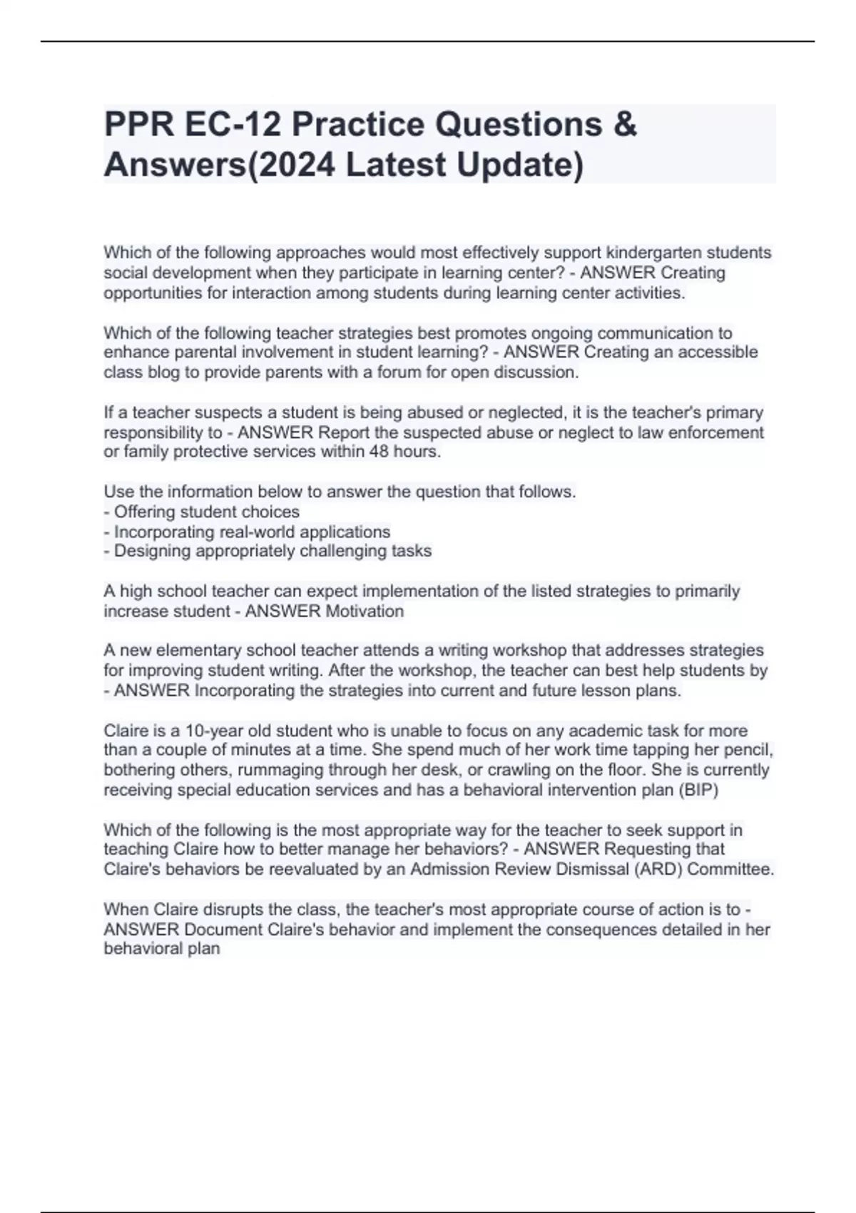 PPR EC12 Practice Questions & Answers(2024 Latest Update) Texas