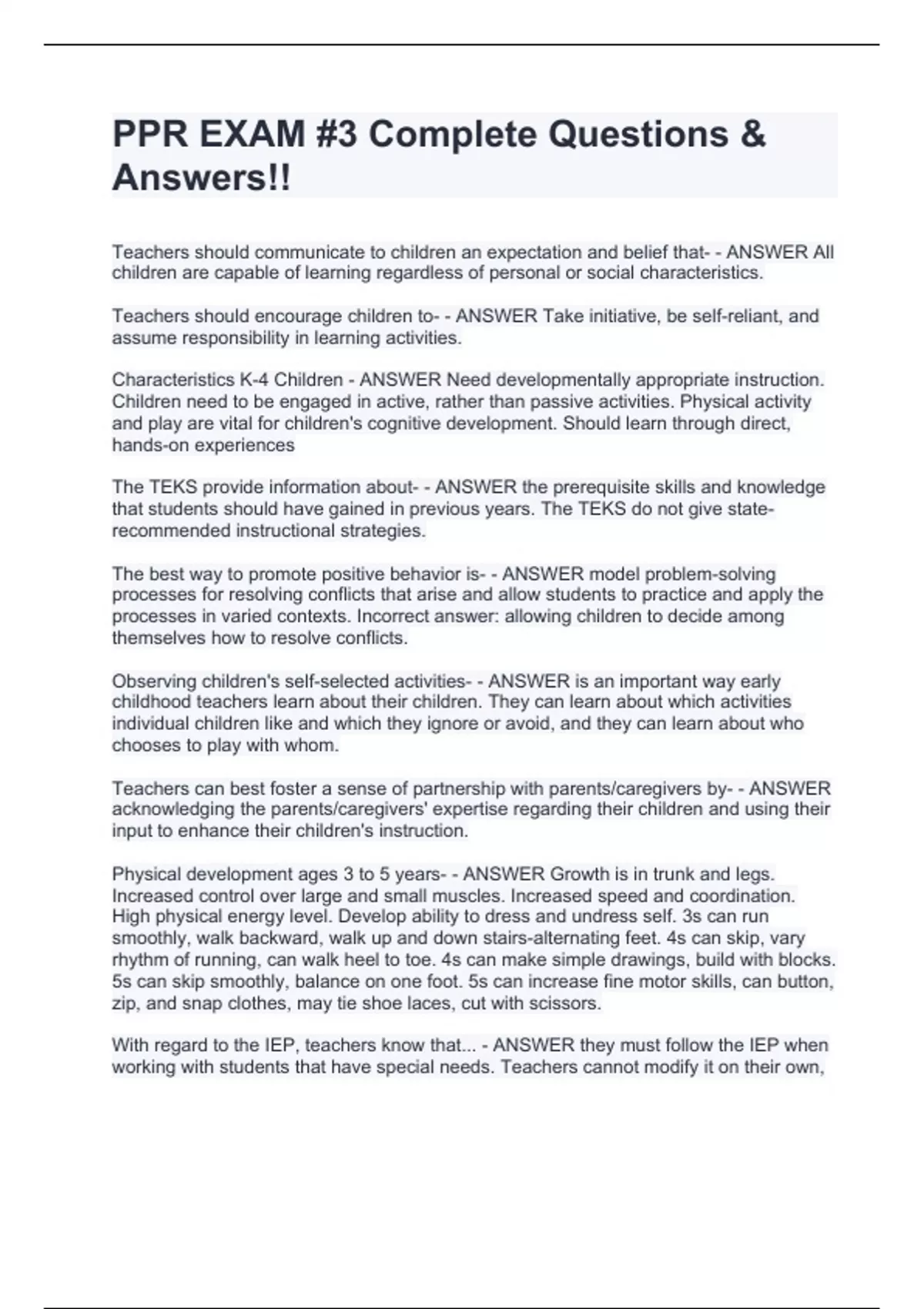 PPR EXAM 3 Complete Questions & Answers!! Texas Teach Stuvia US