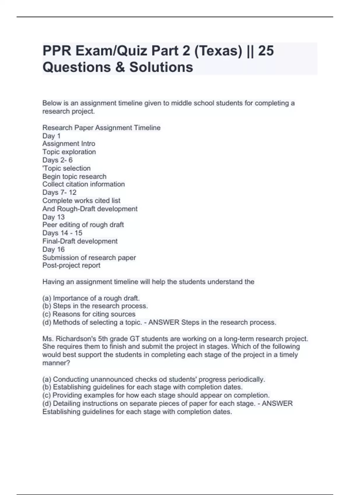 PPR Exam/Quiz Part 2 (Texas) 25 Questions & Solutions Texas Teach