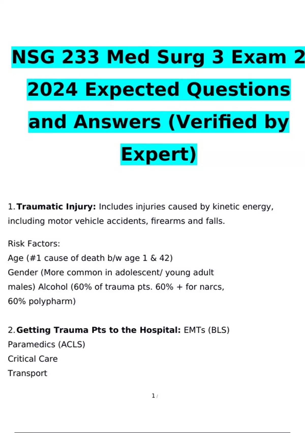 NSG 233 Med Surg 3 Exam2024 Expected Questions and Answers (Verified by ...