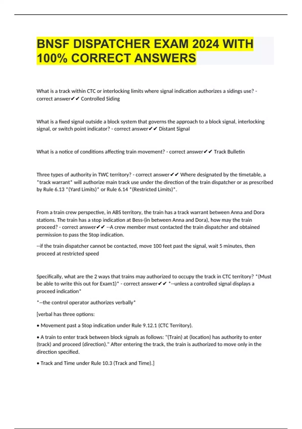 BNSF DISPATCHER EXAM 2024 WITH 100 CORRECT ANSWERS BNSF DISPATCHER