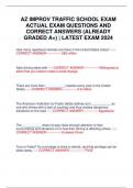 AZ IMPROV TRAFFIC SCHOOL EXAM ACTUAL EXAM QUESTIONS AND CORRECT ANSWERS &lpar;ALREADY GRADED A&plus;&rpar; &vert; LATEST EXAM 2024