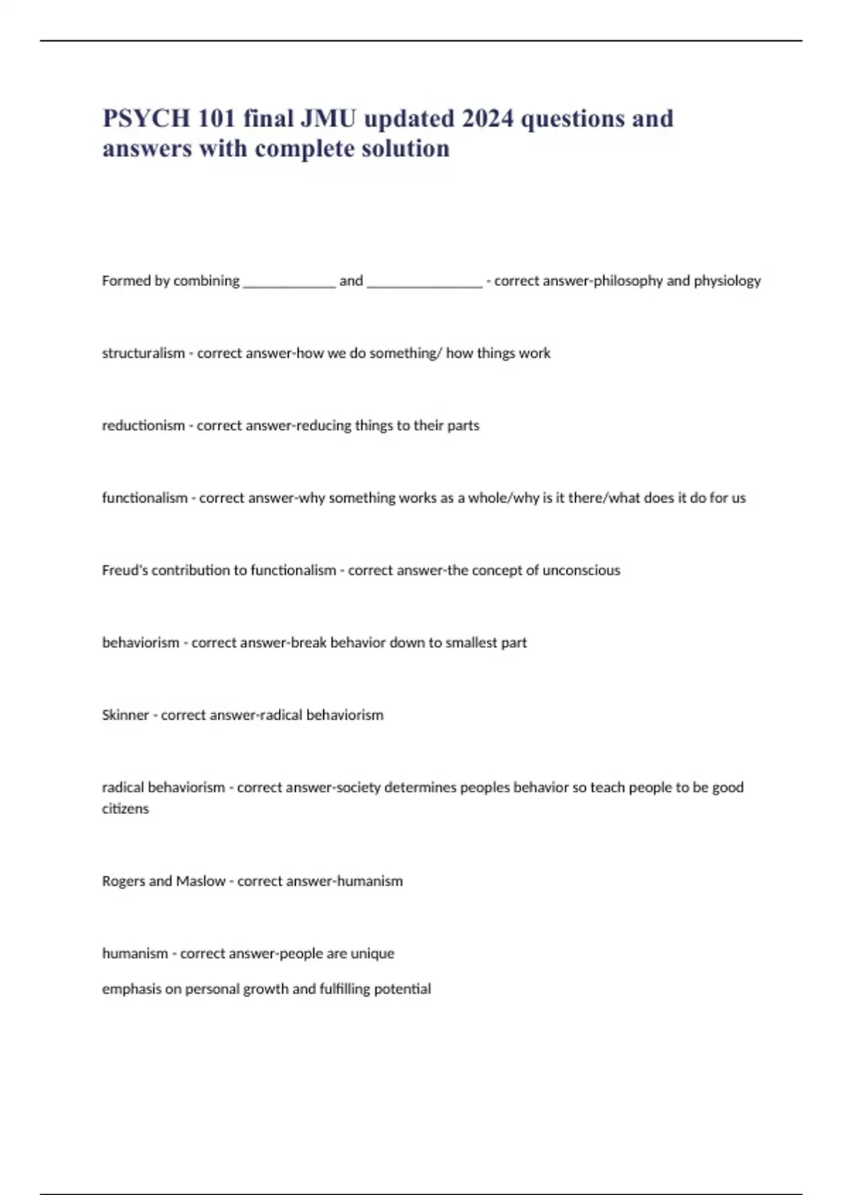 PSYCH 101 final JMU updated 2024 questions and answers with complete ...