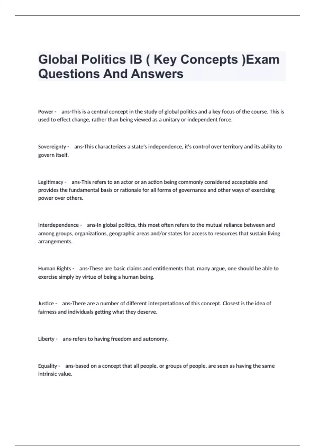 Global Politics IB ( Key Concepts )Exam Questions And Answers - IB ...