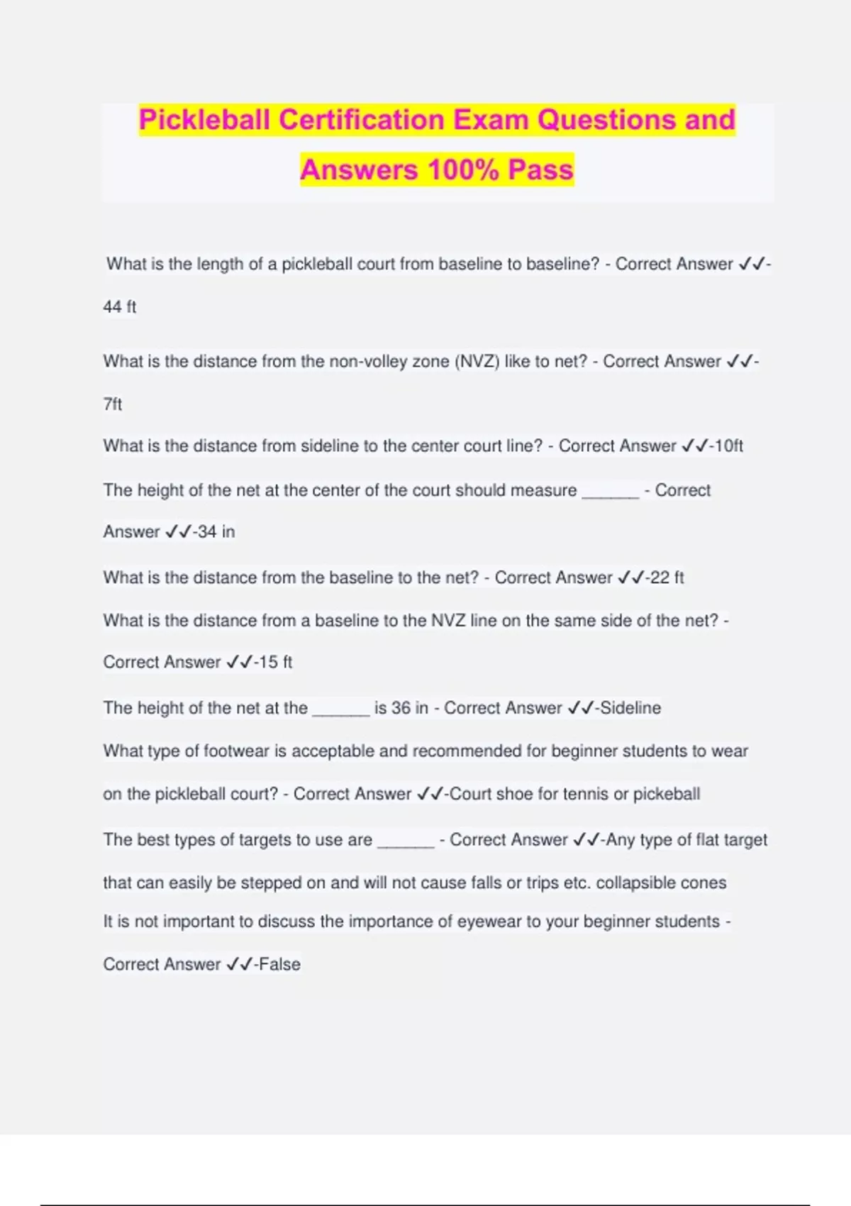 Pickleball Certification Exam Questions and Answers 100% Pass ...