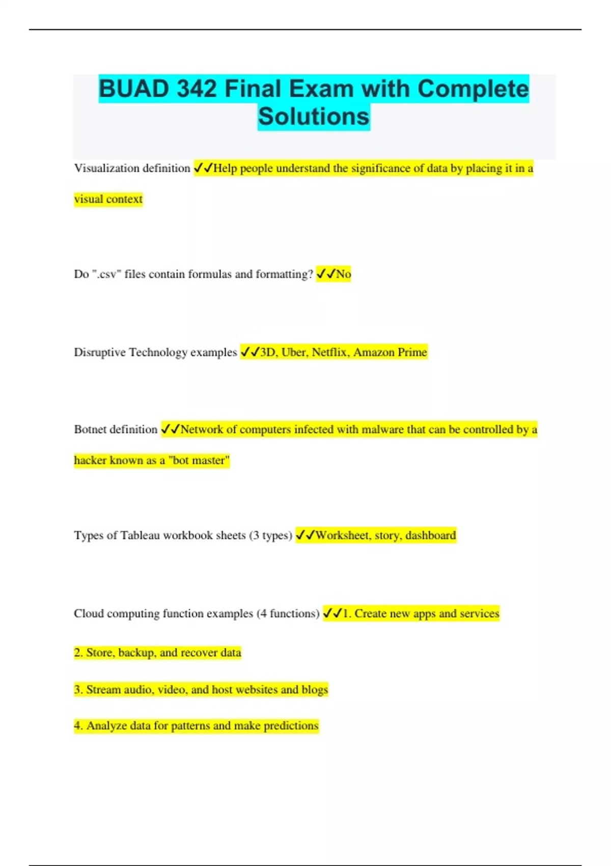 BUAD 342 Final Exam with Complete Solutions - BUAD 342 - Stuvia US