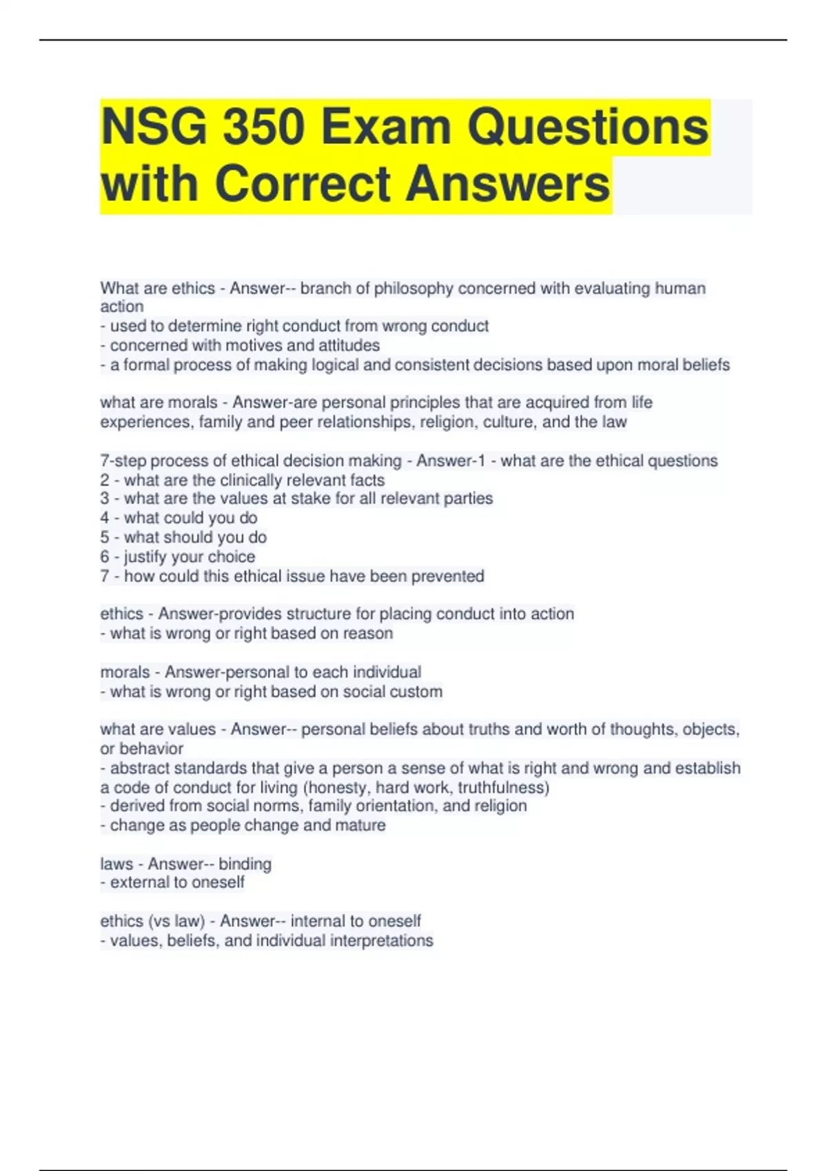 NSG 350 Exam Questions with Correct Answers - NSG 350 - Stuvia US