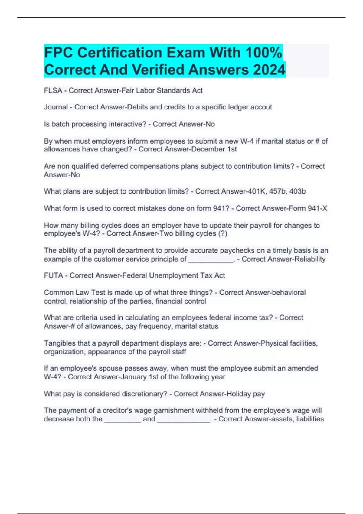 FPC Certification Exam With 100% Correct And Verified Answers 2024 ...