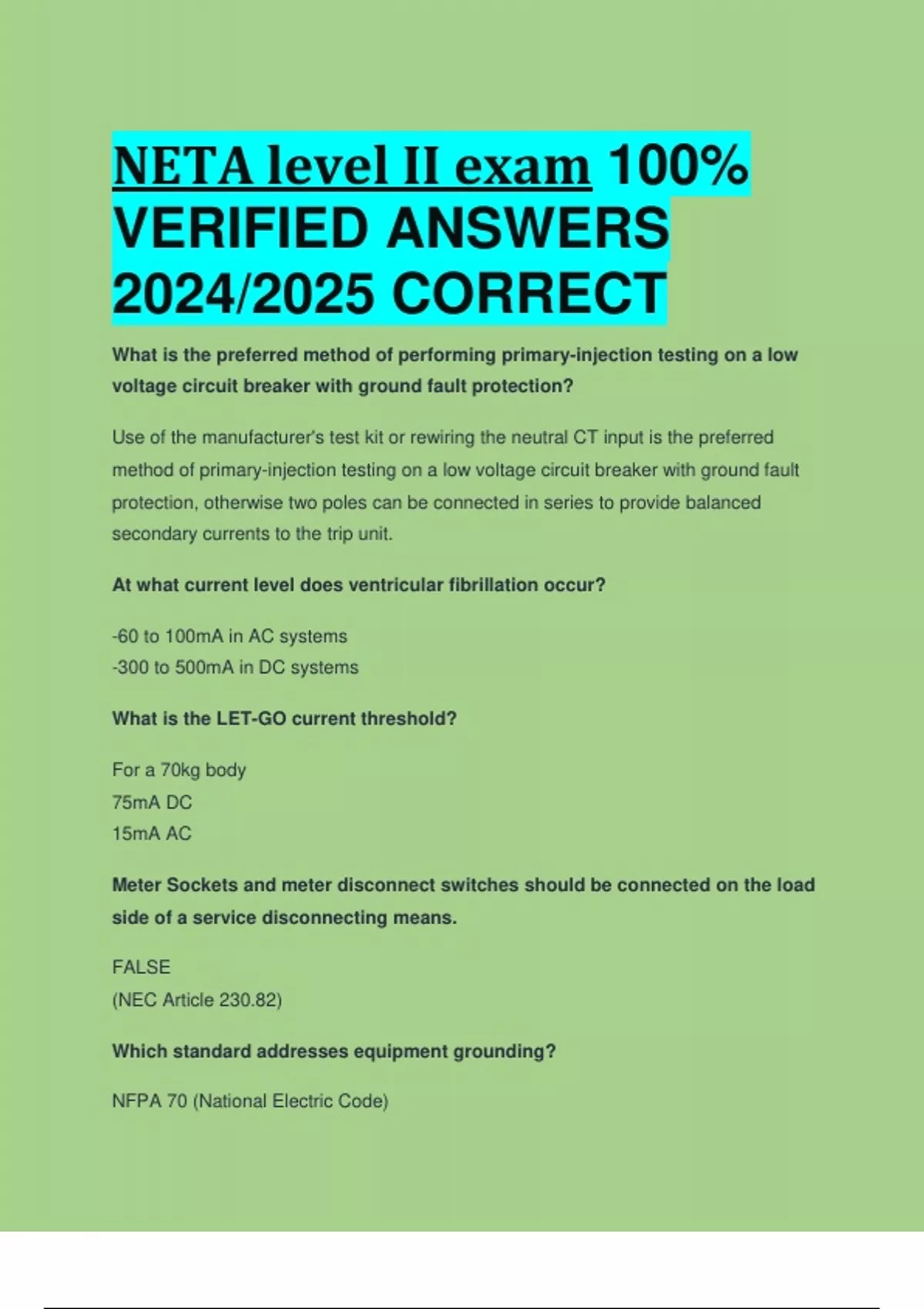 Neta Level 2 BEST ANSWERS NETA level II exam 100% VERIFIED ANSWERS 2024/2025 ...