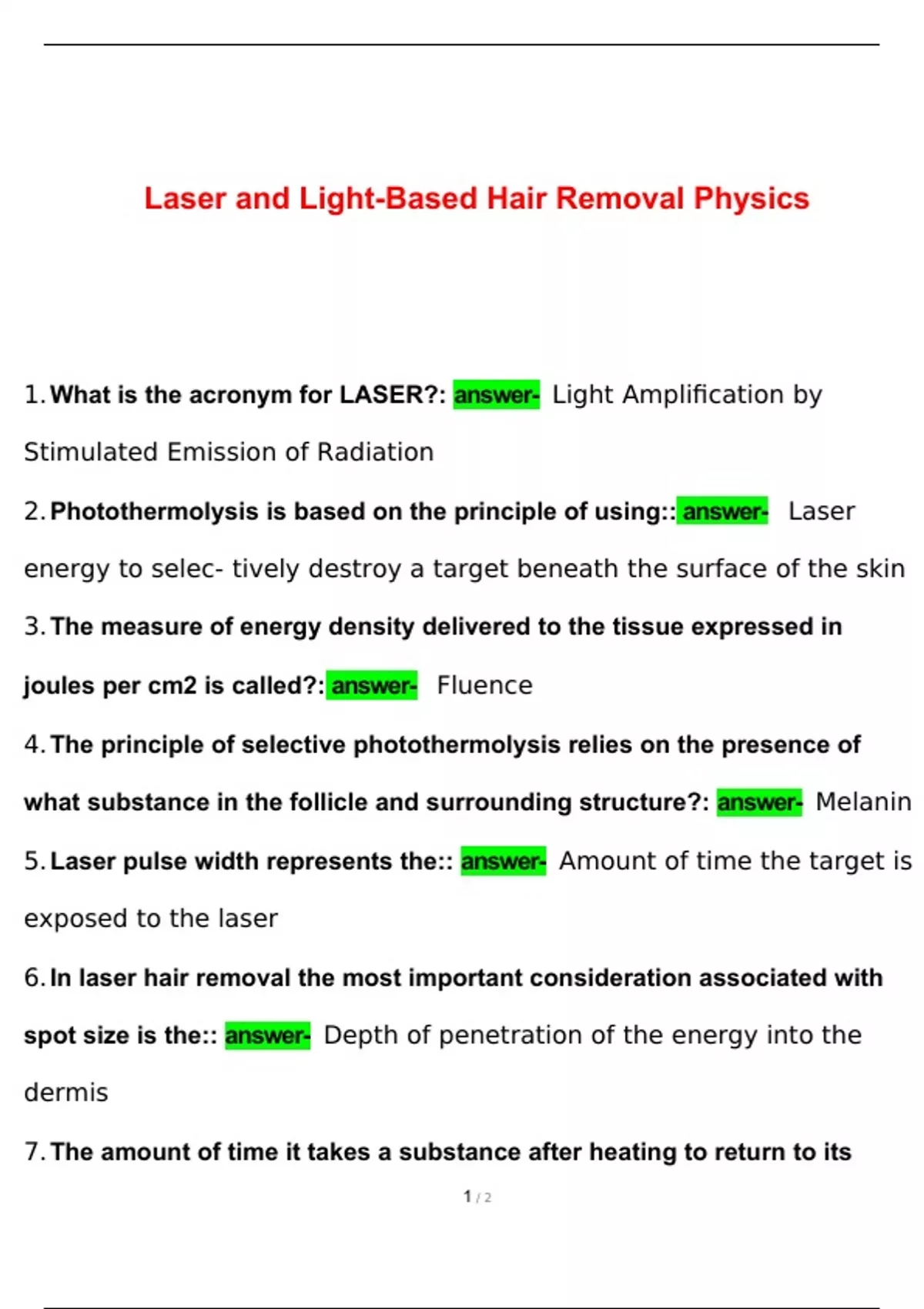 Laser and LightBased Hair Removal Physics Exam With Complete Solutions