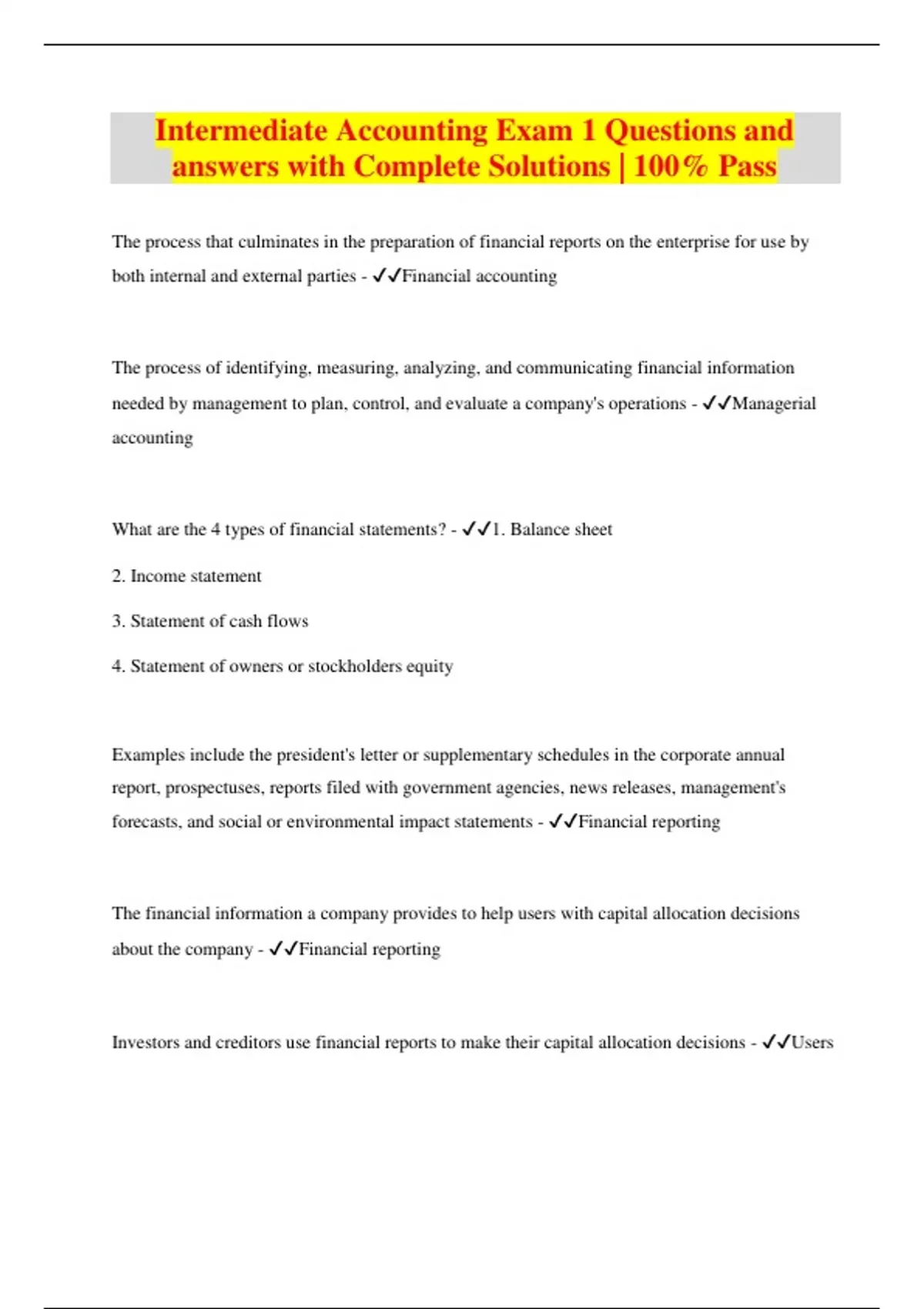 Intermediate Accounting Exam 1 Questions and answers with Complete ...