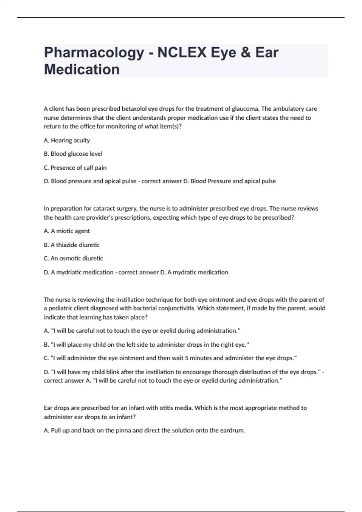 Pharmacology NCLEX Eye & Ear Medication with correct answers 2024