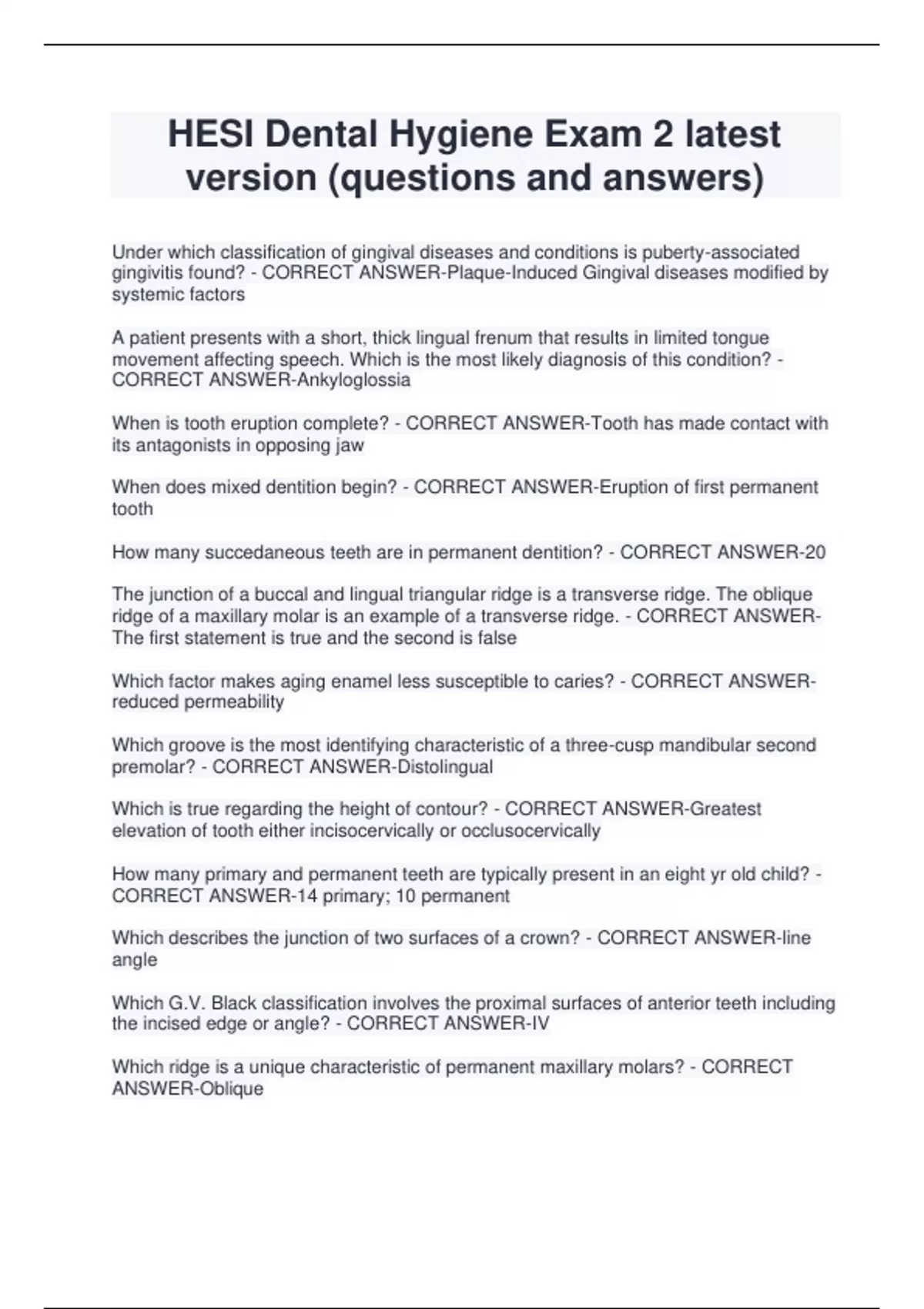 HESI Dental Hygiene Exam 2 latest version (questions and answers