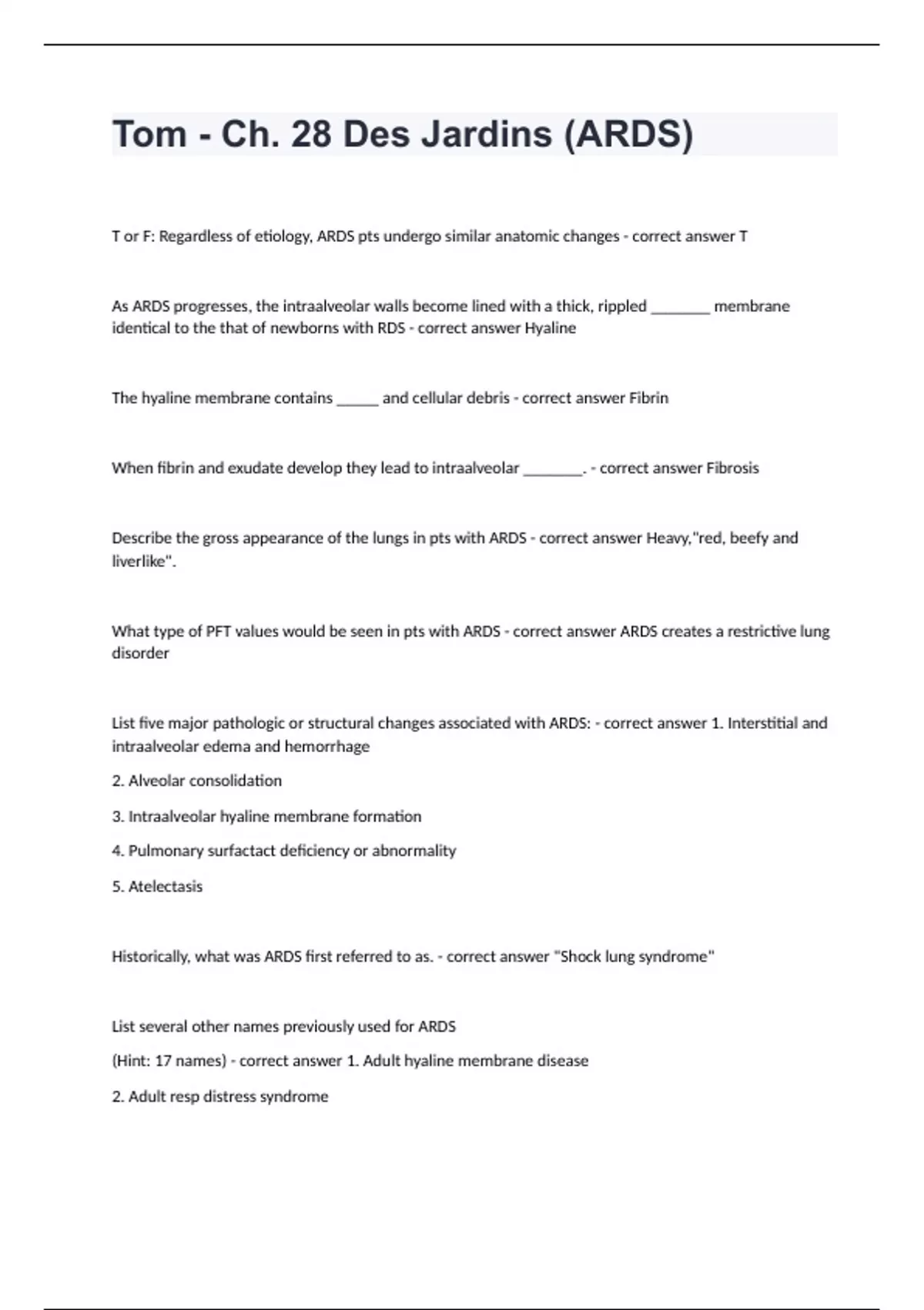 Tom - Ch. 28 Des Jardins (ARDS) correctly answered 2024 - Ards nclex ...