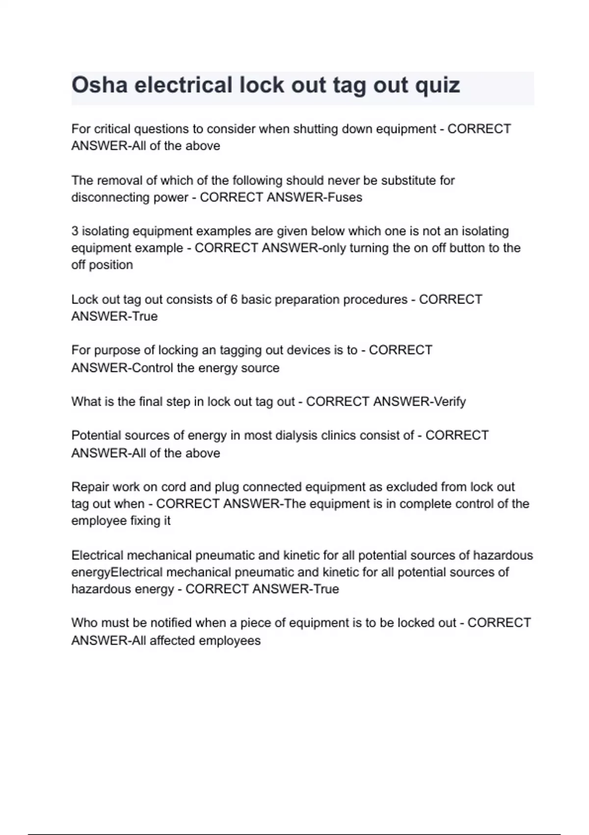 Osha electrical lock out tag out quiz with complete solution - OSHA ...