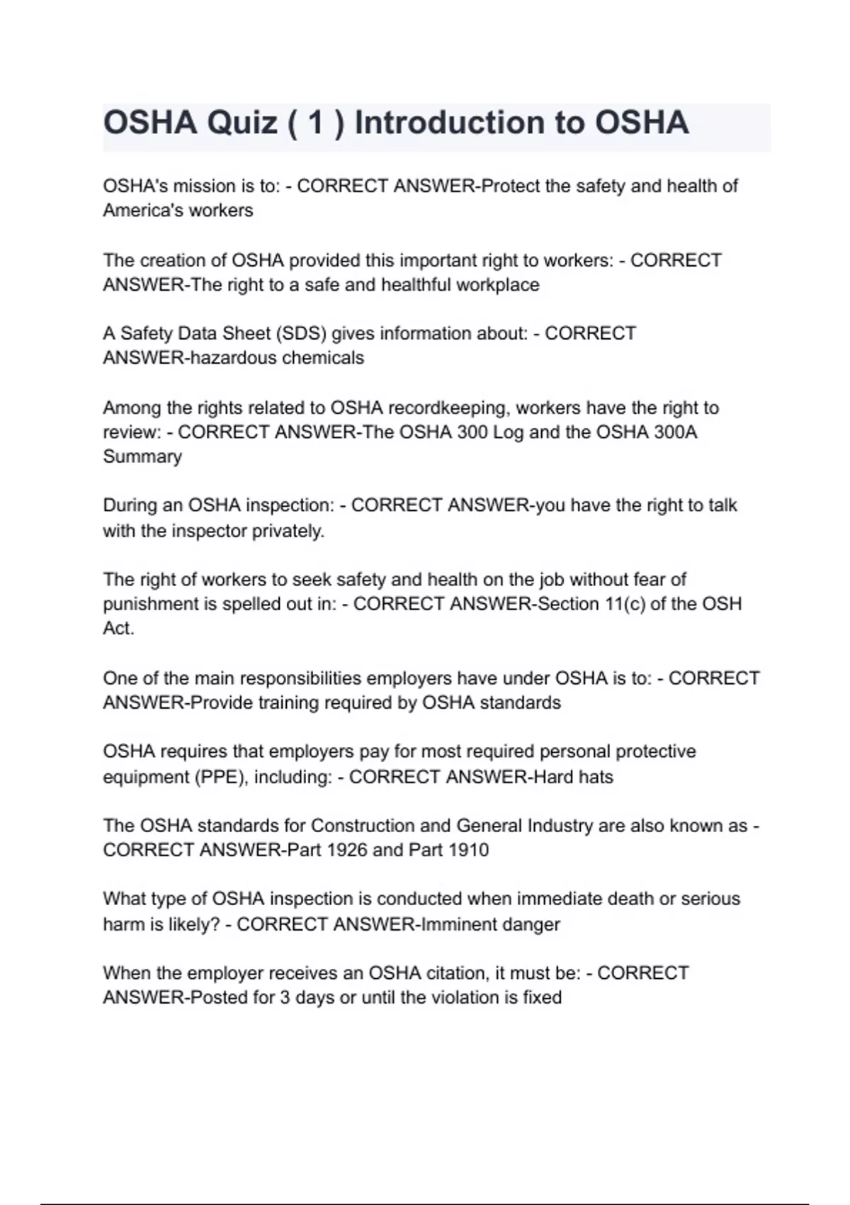 OSHA Quiz ( 1 ) Introduction to OSHA with complete solution OSHA