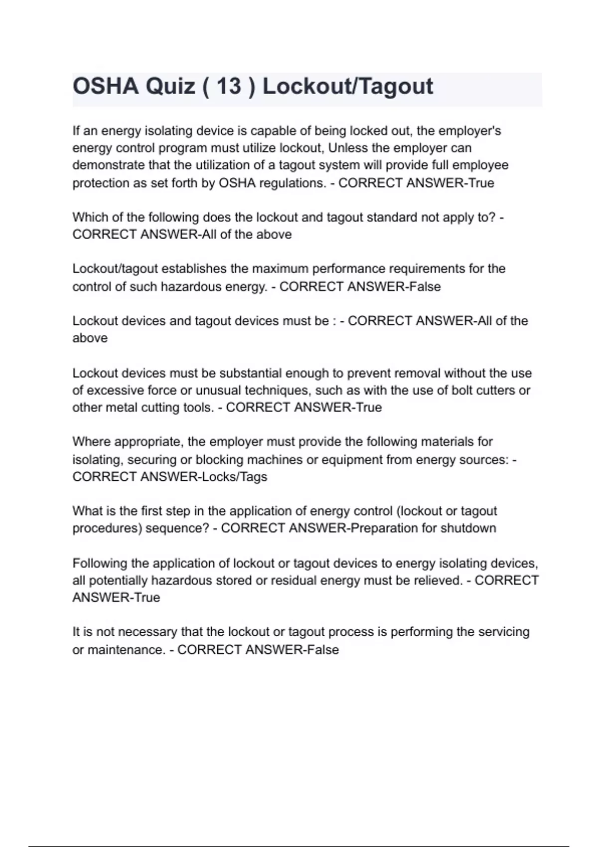 OSHA Quiz ( 13 ) LockoutTagout with complete solution OSHA Stuvia US