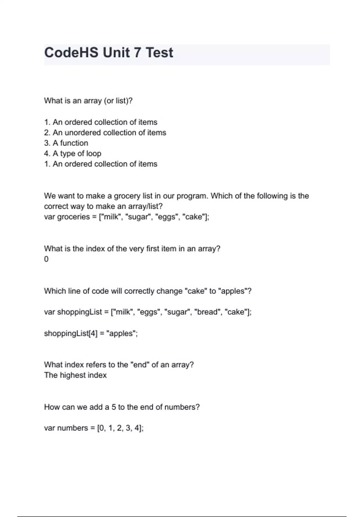 CodeHS Unit 7 Test with complete solution - APCSP 2024 - Stuvia US
