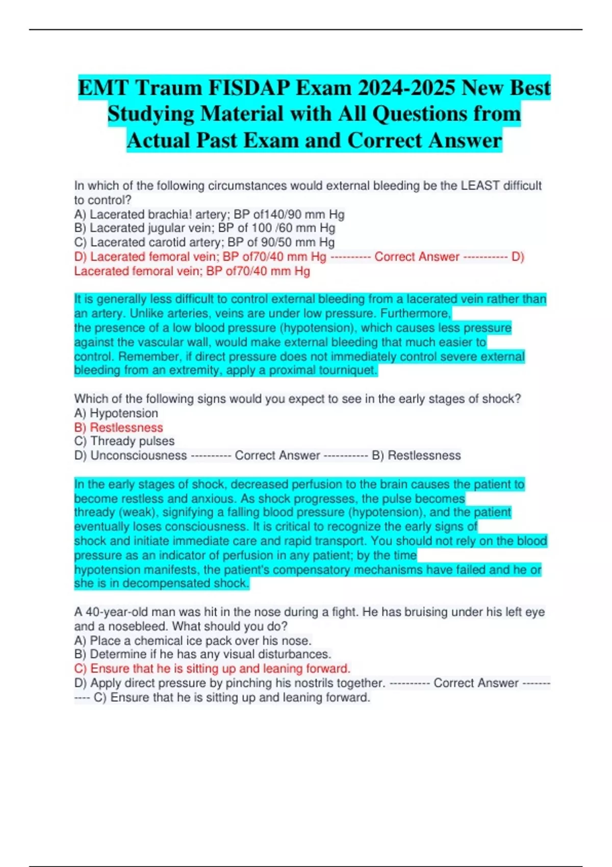 EMT Trauma FISDAP Exam New Best Studying Material with All Questions ...