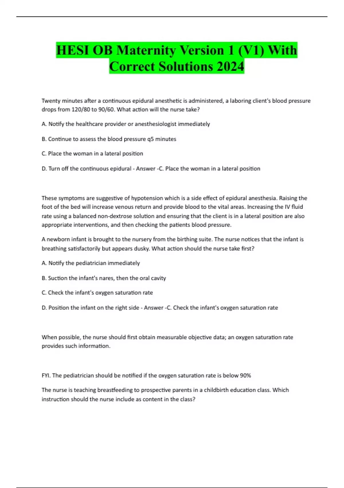 HESI OB Maternity Version 1 (V1) With Correct Solutions 2024 - Hesi ...