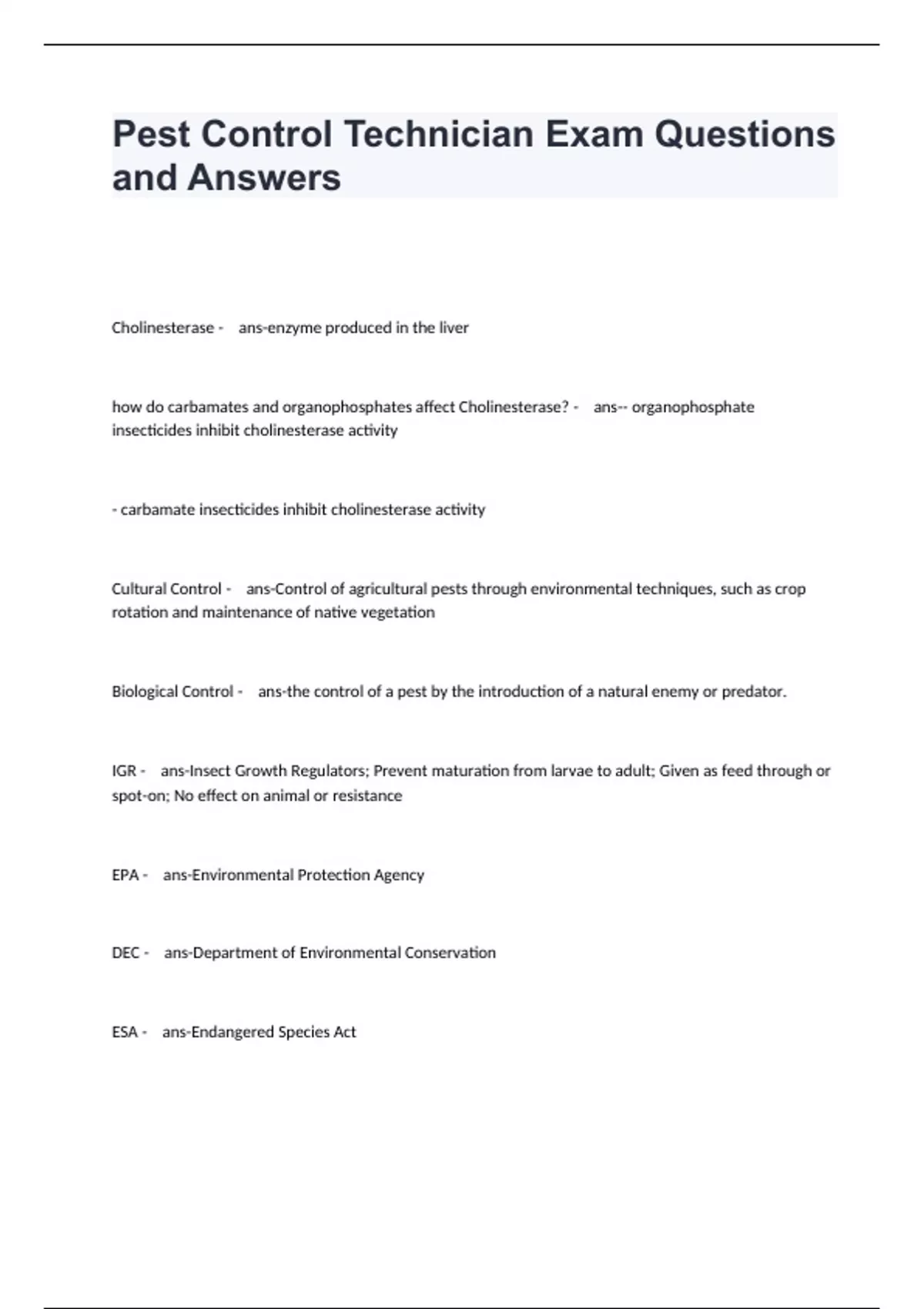 Pest Control Technician Exam Questions and Answers Pest Control