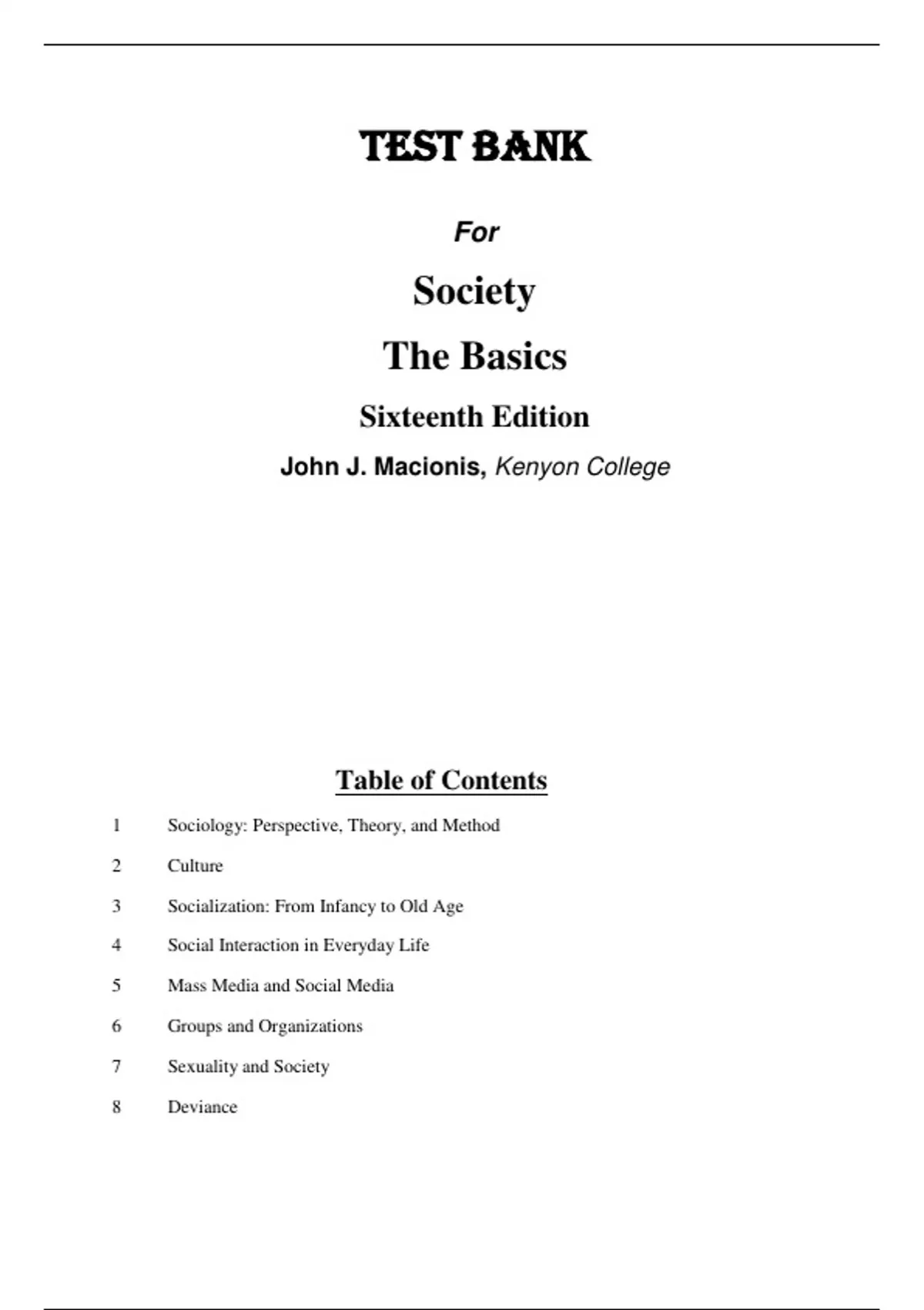 Test Bank For Society The Basics, 16th Edition by John