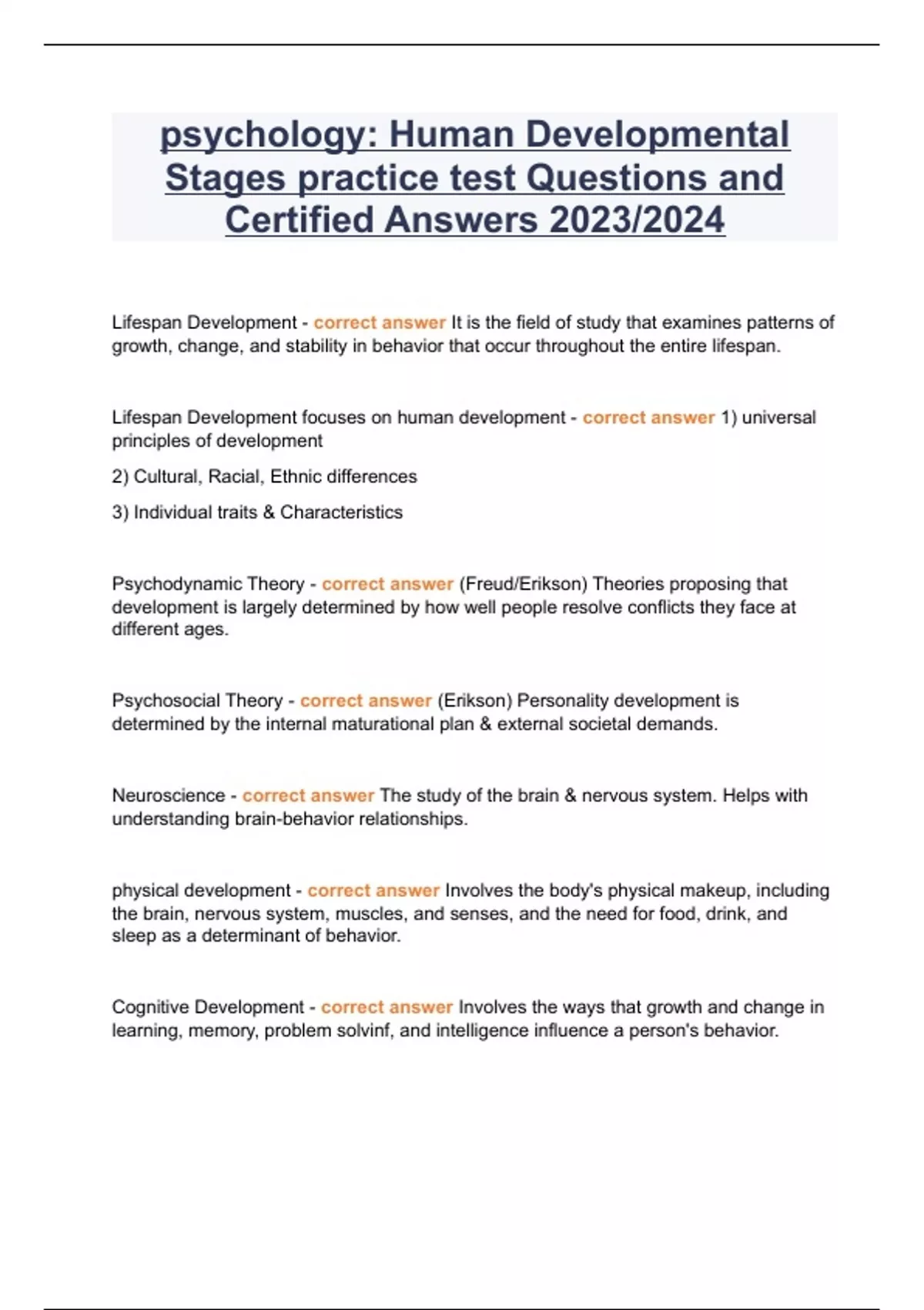 psychology: Human Developmental Stages practice test Questions and ...