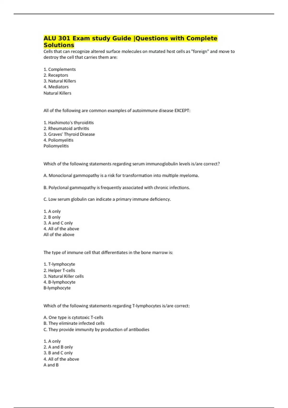 ALU 301 Exam study Guide |Questions with Complete Solutions - ALU 301 ...