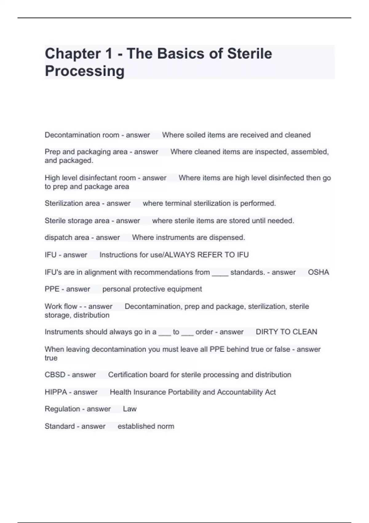 Chapter 1 The Basics of Sterile Processing Questions and Answers