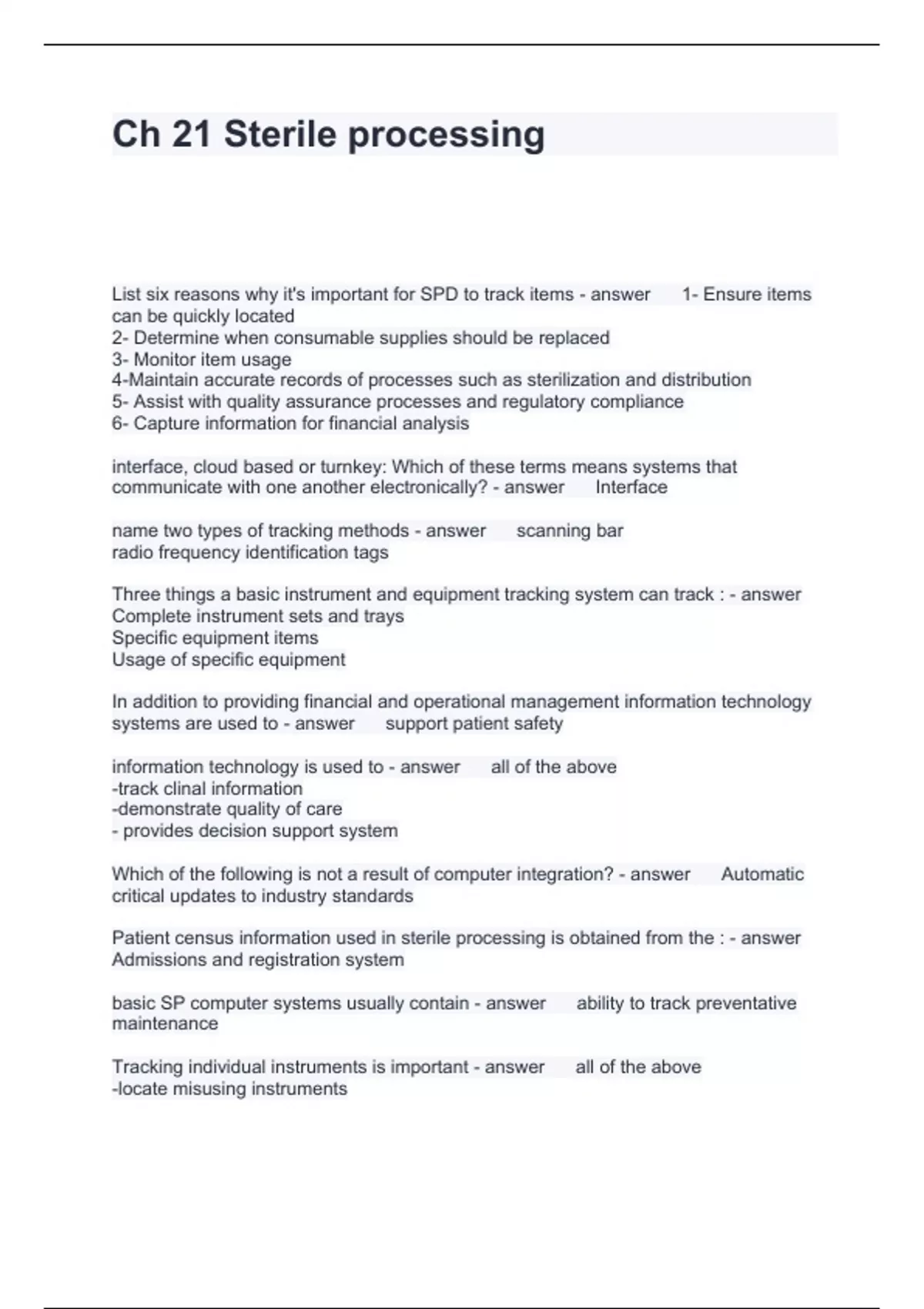 Ch 21 Sterile processing Questions with correct Answers 2024 Sterile