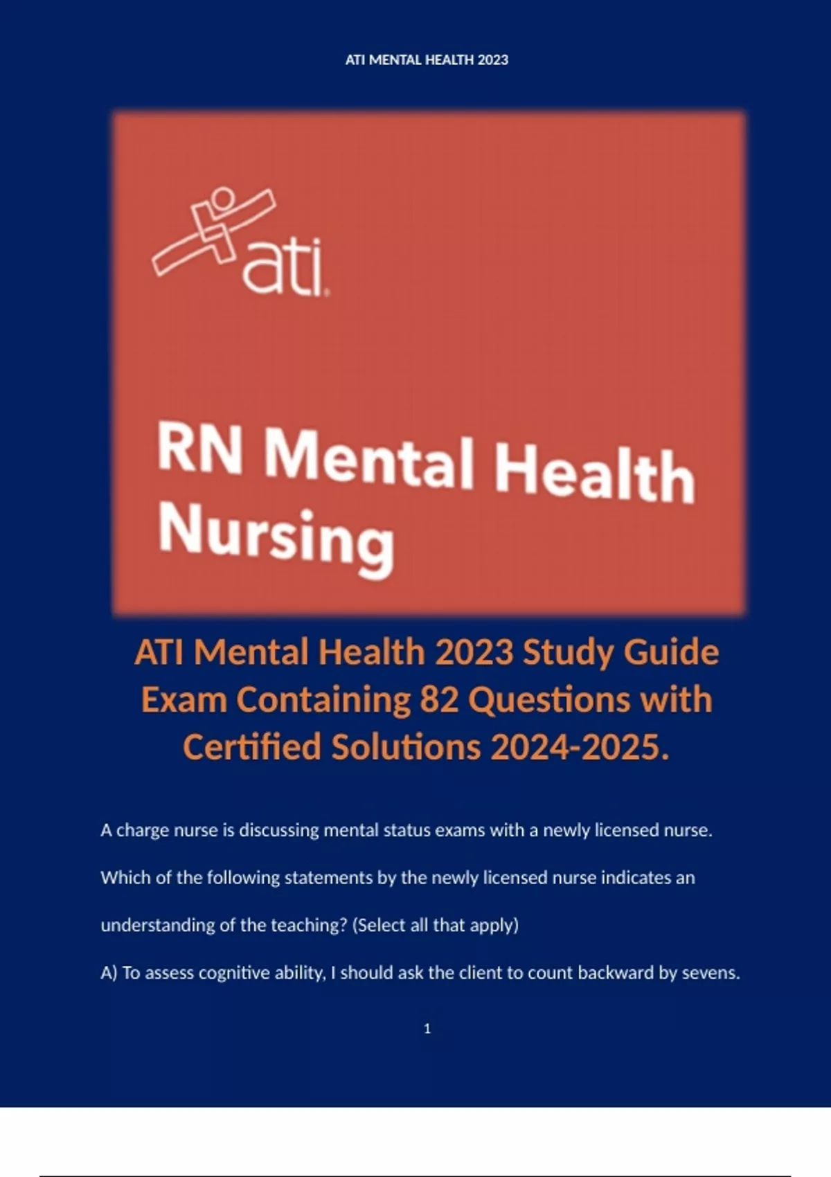 ATI Mental Health 2023 Study Guide Exam Containing 82 Questions with ...