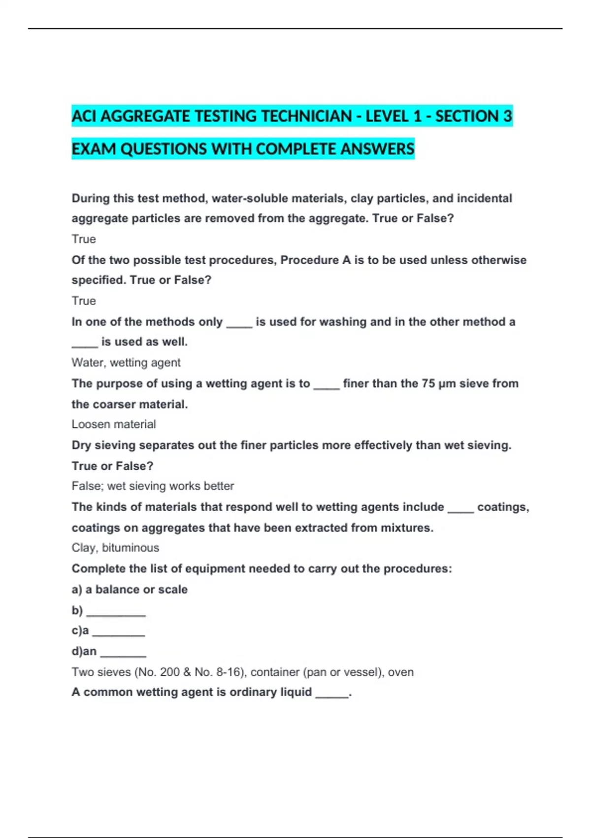 ACI AGGREGATE TESTING TECHNICIAN - LEVEL 1 - SECTION 3 EXAM QUESTIONS ...