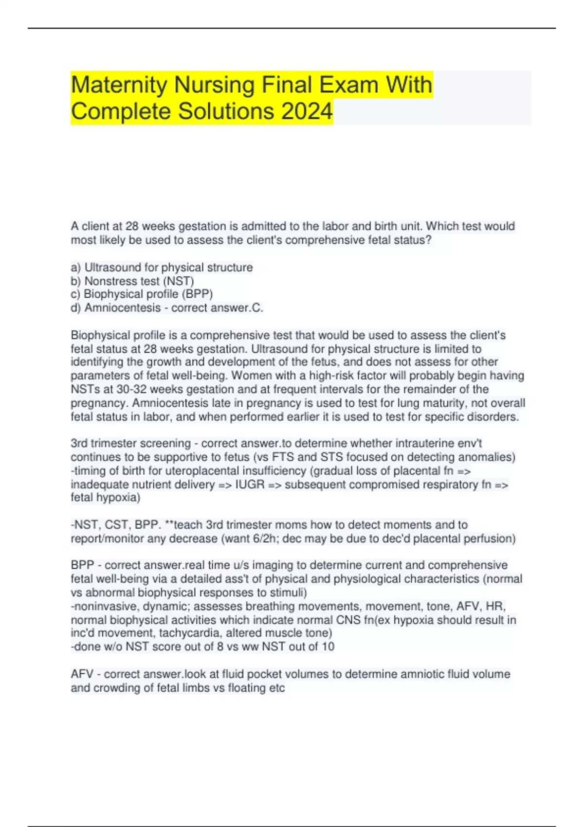Maternity Nursing Final Exam With Complete Solutions 2024 Maternity