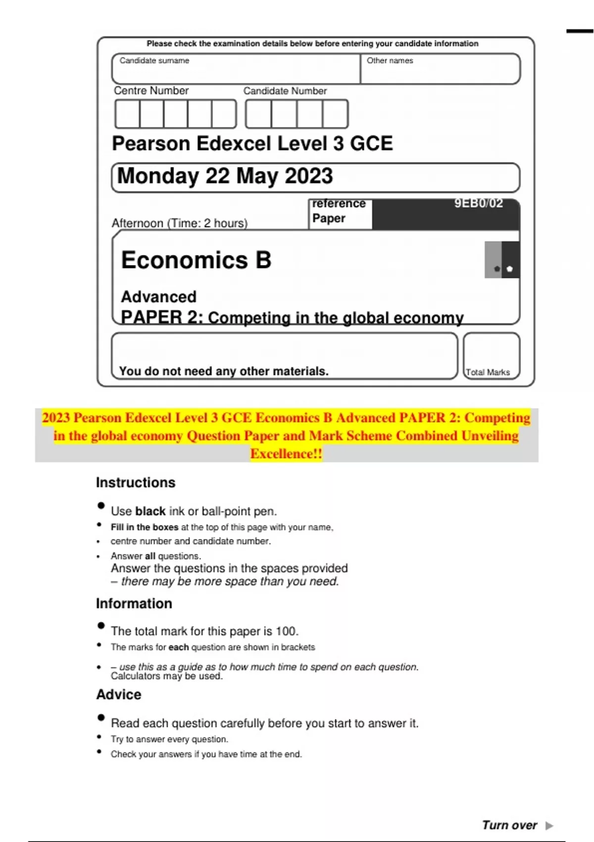 2023 Pearson Edexcel Level 3 GCE Economics B Advanced PAPER 2 ...