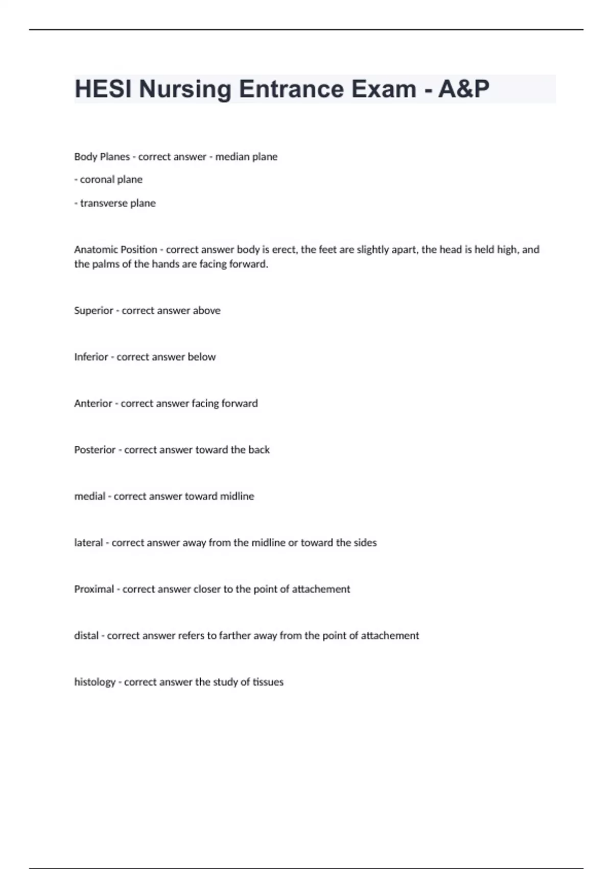 HESI Nursing Entrance Exam - A&P HESI Nursing Nightingale College - Question and answers 100% ...