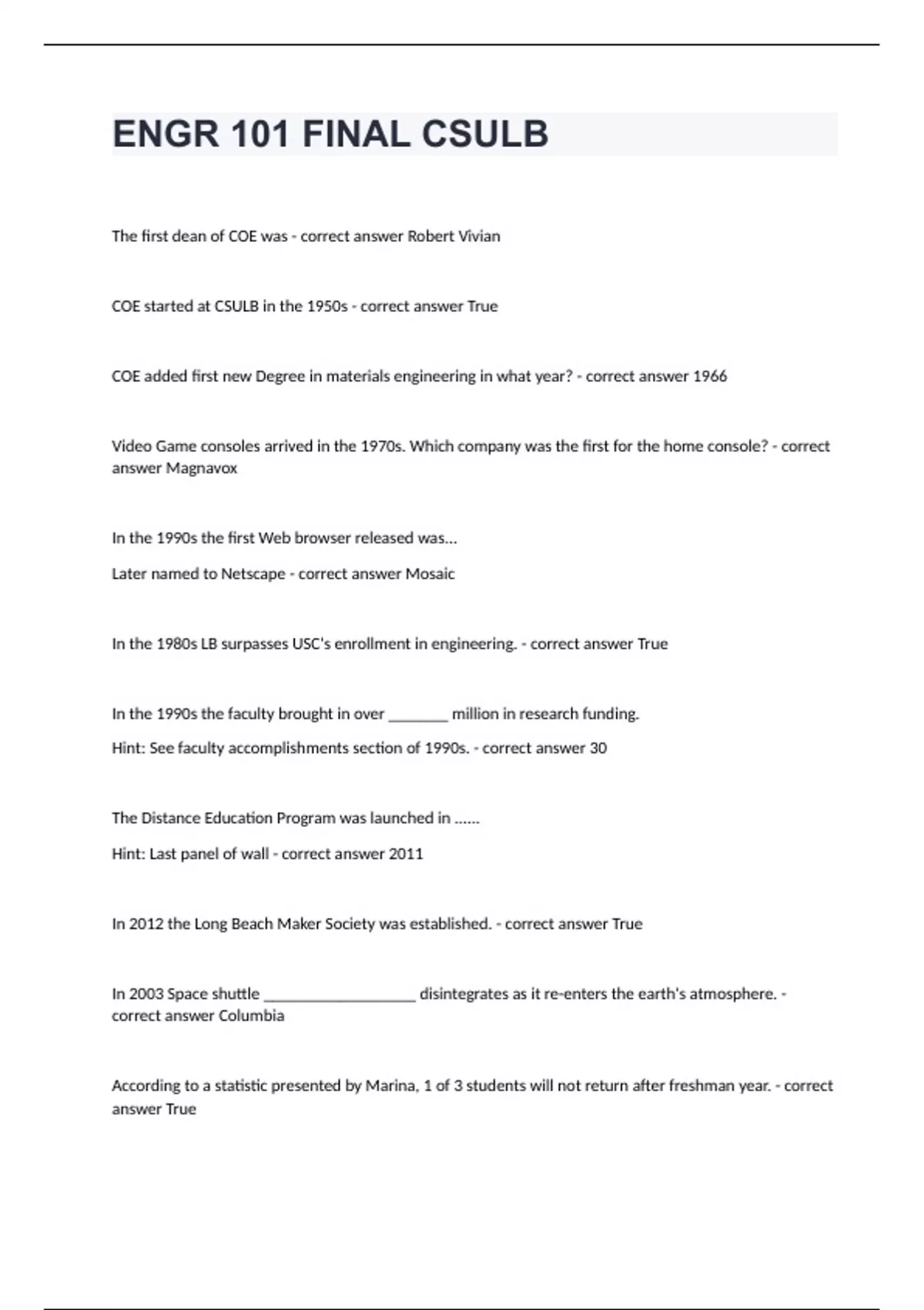 ENGR 101 FINAL CSULB Questions with complete solution 2024 CSULB