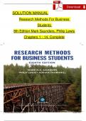 Solution Manual For Research Methods For Business Students, 8th Edition by Mark Saunders, Philip Lewis, Complete Chapters 1 - 14, Verified Latest Version